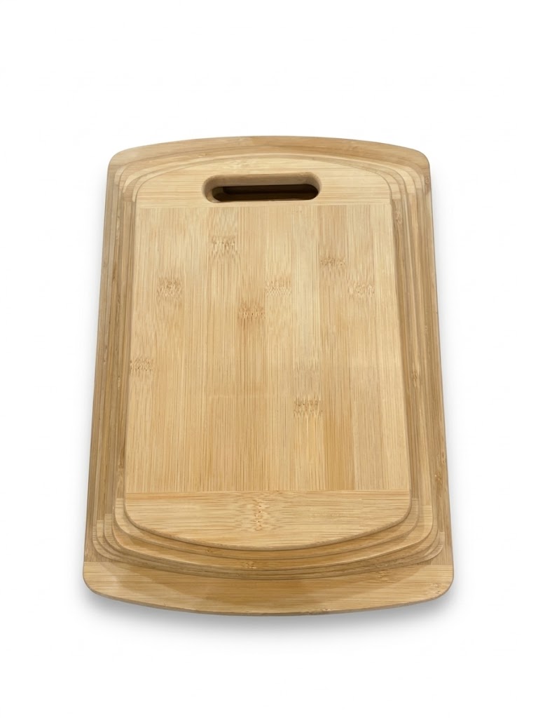 Natural bamboo chopping board with curved edges and handle