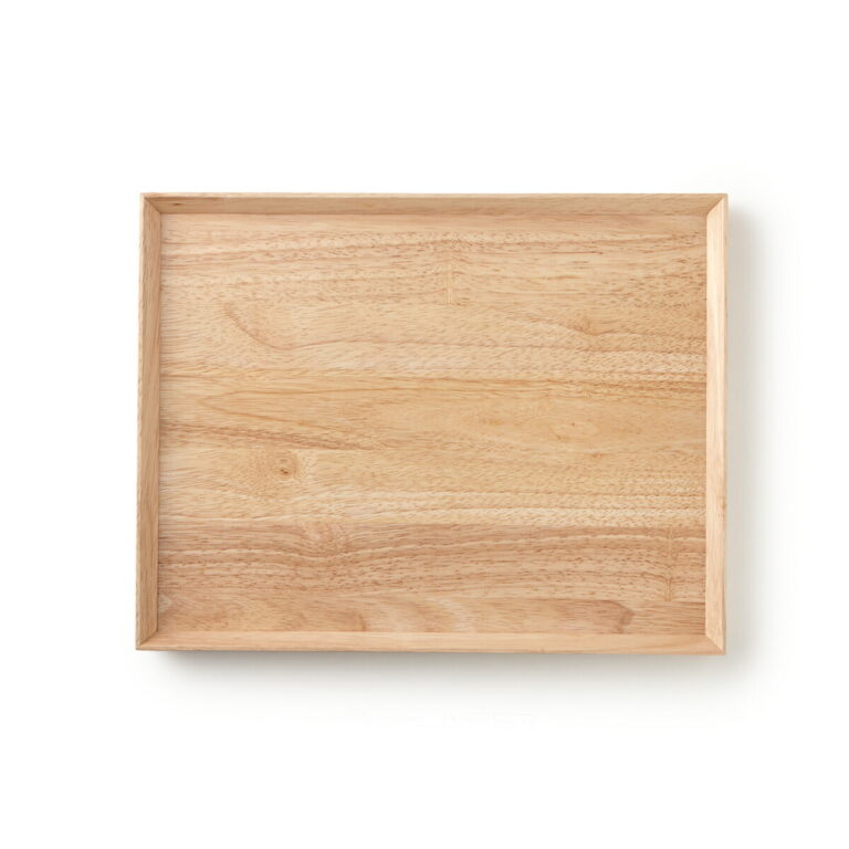Rectangular rubberwood serving tray with raised edges and natural wood grain