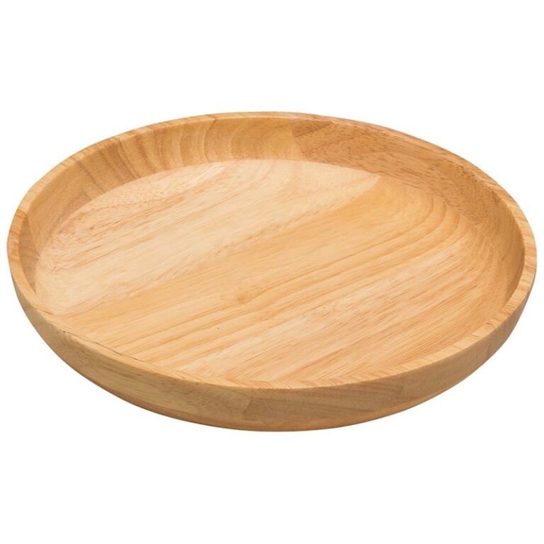Shallow rubberwood serving bowl with natural wood grain