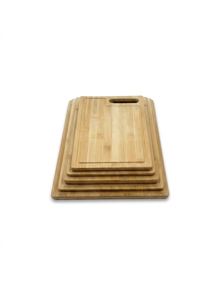 Bamboo kitchen board set with recessed handle and juice groove