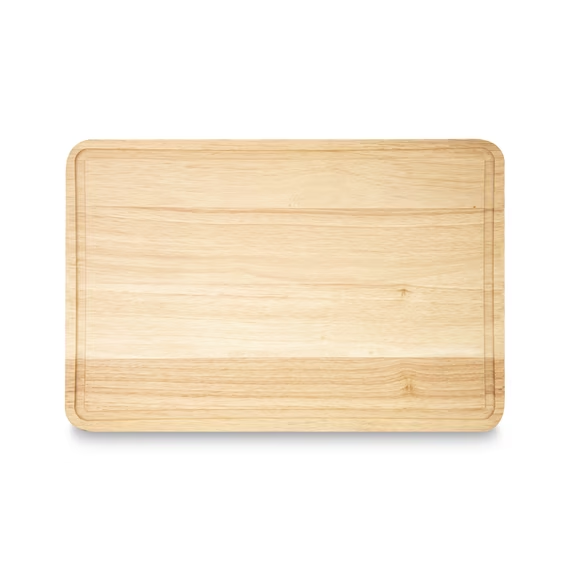 Rubberwood cutting board with perimeter juice groove and natural grain