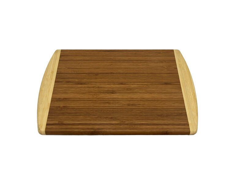 Two-tone bamboo cutting board with dark center and curved light edges