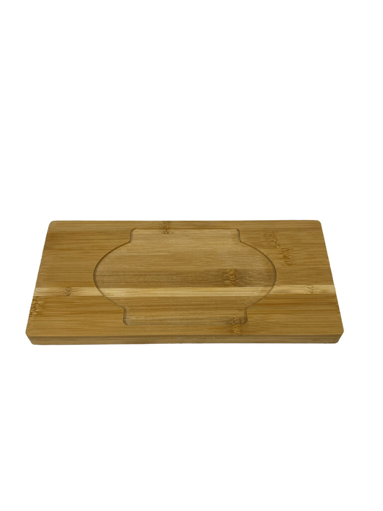 Bamboo serving tray with recessed circular well for stable food service