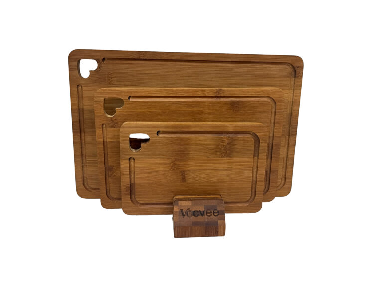 Bamboo cutting board set with heart-shaped hanging holes and storage stand
