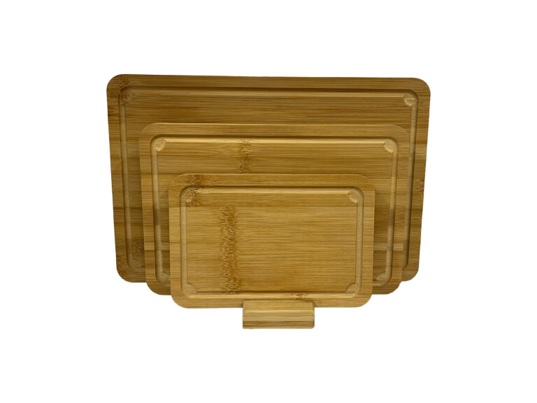3-piece bamboo cutting board set with juice groove and storage stand