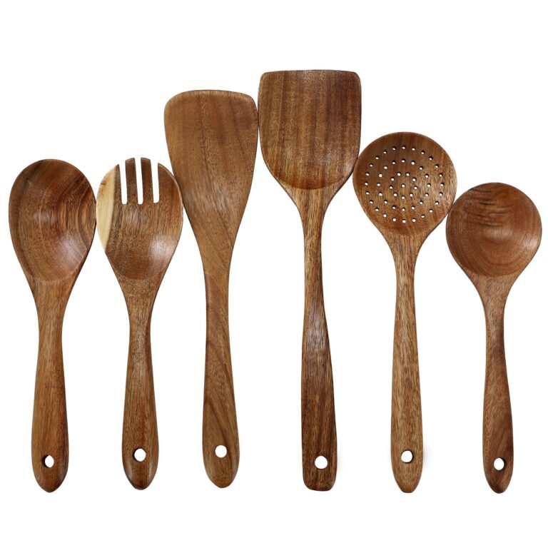 6-piece acacia wood kitchen utensil set with natural wood grain