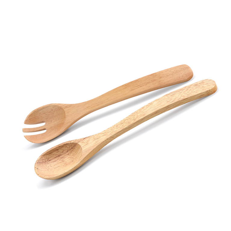 Rubberwood salad server set including a spoon and fork