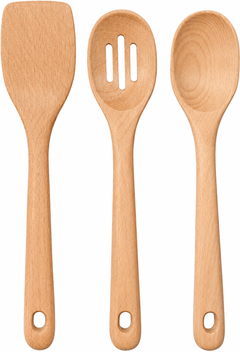 Beech wood kitchen utensil set with turner, slotted spoon, and solid spoon