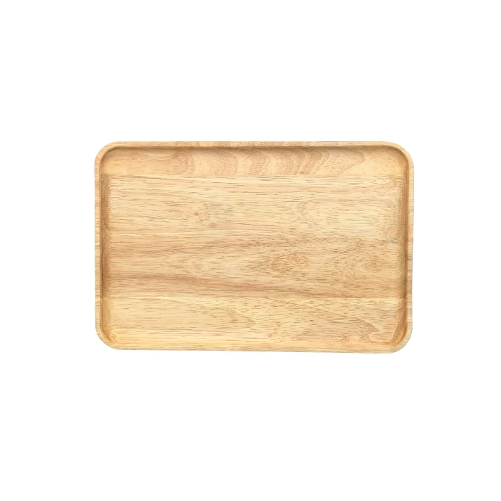 Rectangular rubberwood serving tray with raised edges and natural wood grain