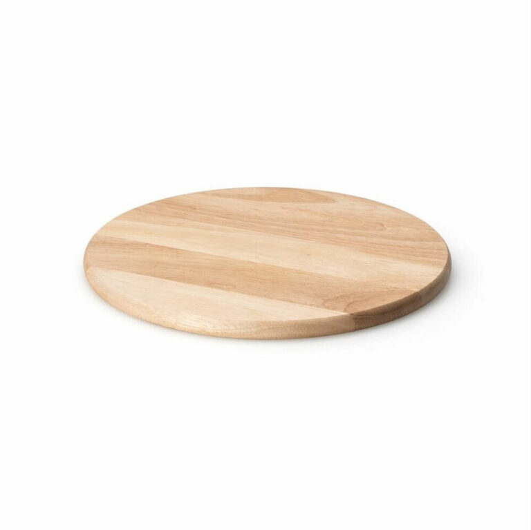 Round rubberwood serving board with smooth finish and natural wood grain