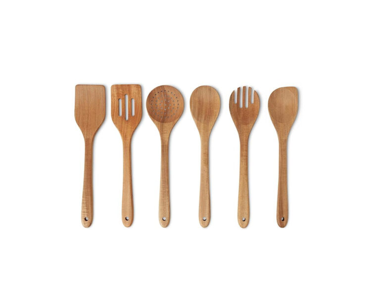 6-piece acacia wood kitchen utensil set with natural wood grain