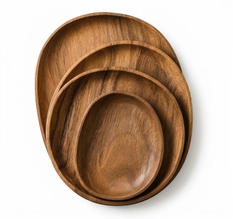 Acacia wood serving plate set with rich dark grain and smooth finish