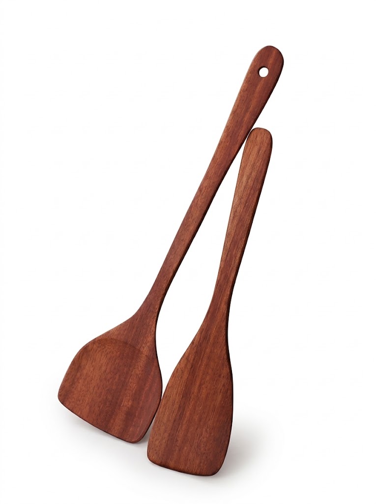 2-piece ebony wood cooking spatula set with natural grain and hanging hole