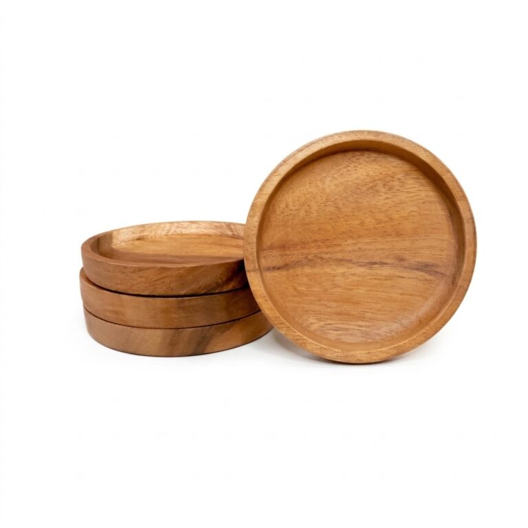 Set of round acacia wood coasters with natural grain and smooth finish