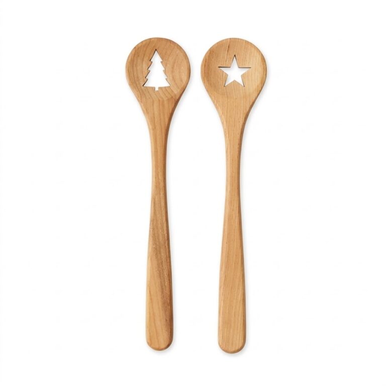 Beech wood holiday spoon set with christmas tree and star cutouts and natural grain