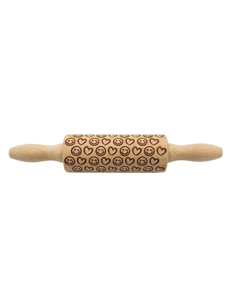Embossed beech wood rolling pin with smile and heart patterns