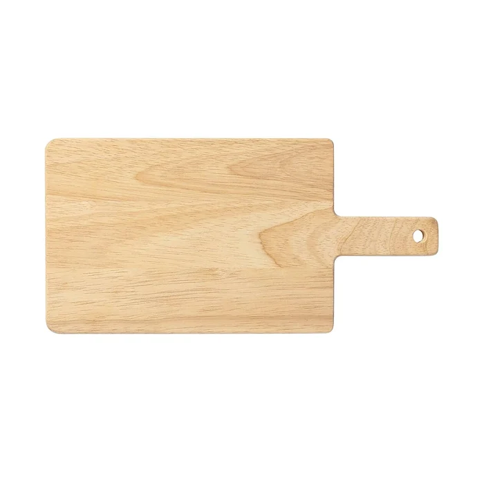 Rubberwood cutting board with ergonomic handle, hanging hole, and natural grain