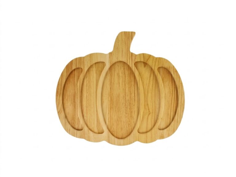Rubberwood pumpkin serving tray with divided sections and natural wood grain
