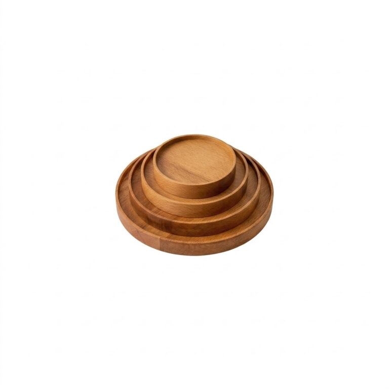 Round beech wood serving tray set with graduated sizes and smooth natural finish