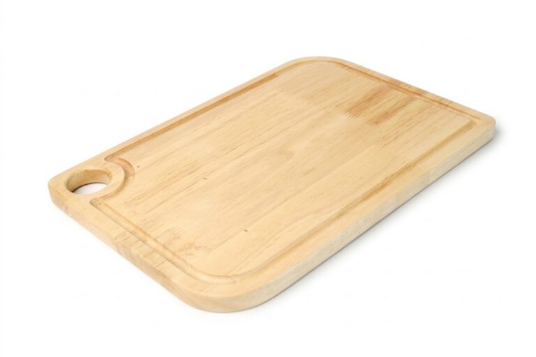 Rubberwood cutting board with perimeter juice groove, hanging hole, and natural grain