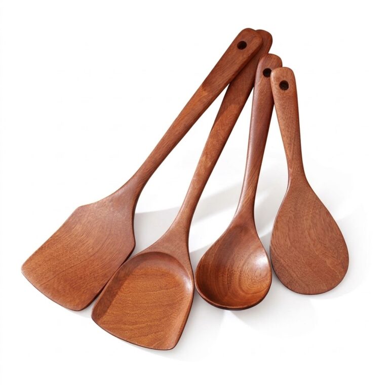 4-piece professional ebony wood cooking utensils with natural grain and hanging holes