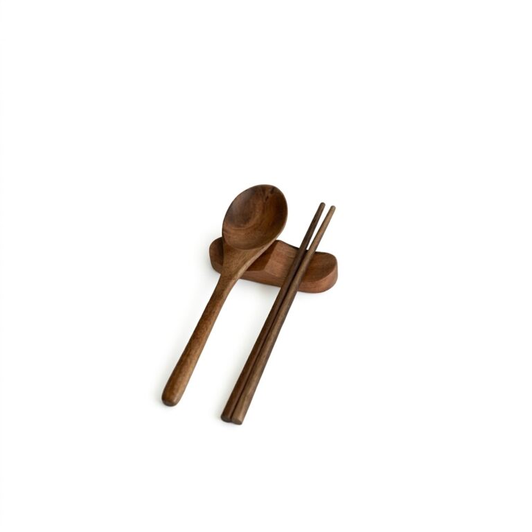 Rain tree wood cutlery set with matching utensil rest and natural grain