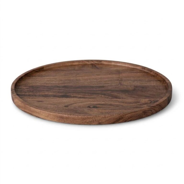Round rain tree wood serving tray with smooth finish and natural deep grain