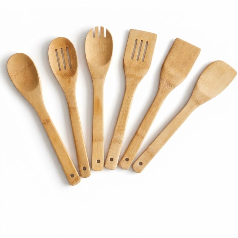 6-piece bamboo kitchen utensil set with natural wood grain and hanging holes