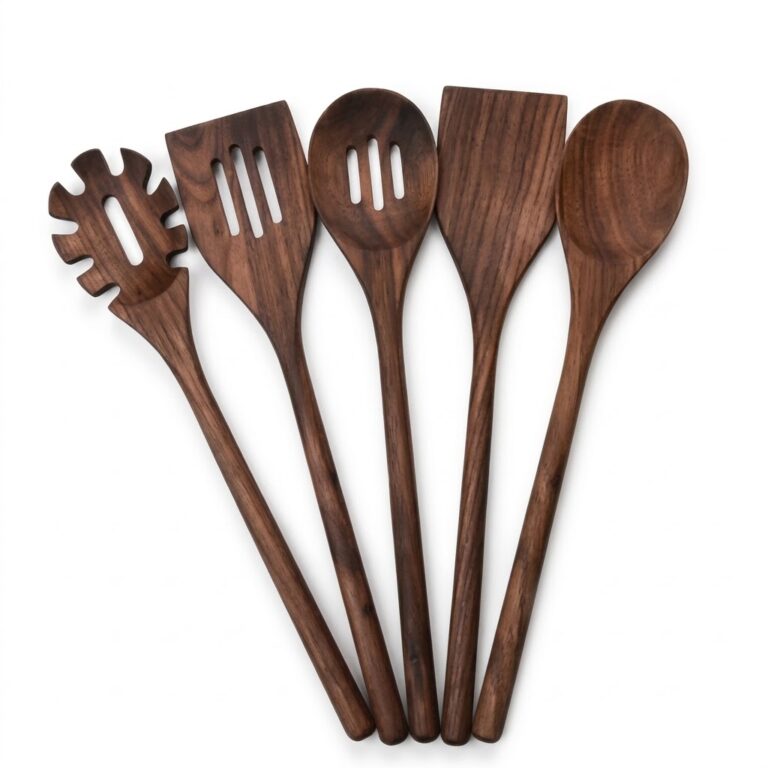 5-piece black walnut wood kitchen utensil set with natural wood grain