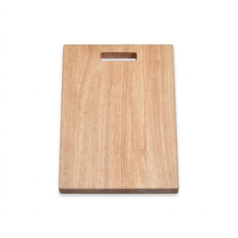 Rubberwood cutting board with recessed handle cutout and natural wood grain