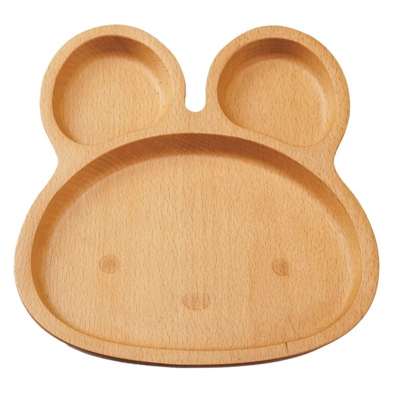 Rabbit-shaped beech wood kids plate with divided sections and natural grain