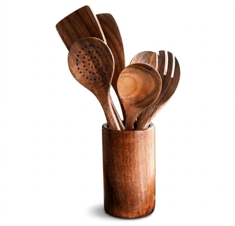 Acacia wood kitchen utensil set with matching storage holder and natural wood grain