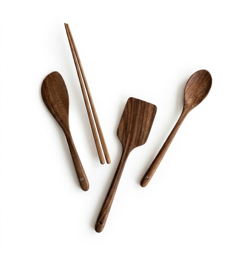 Rain tree wood kitchen utensil set with natural wood grain and hanging holes