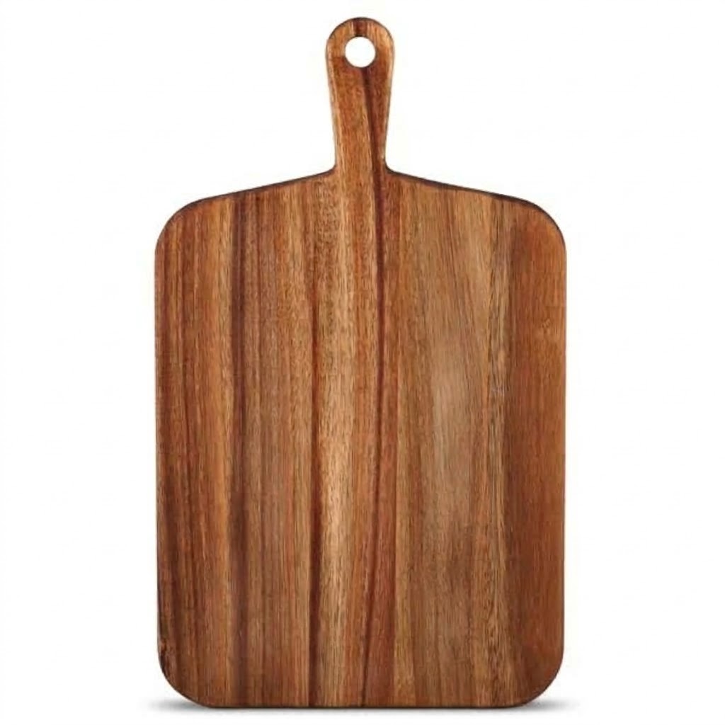 Rain tree wood cutting board with ergonomic handle and natural grain