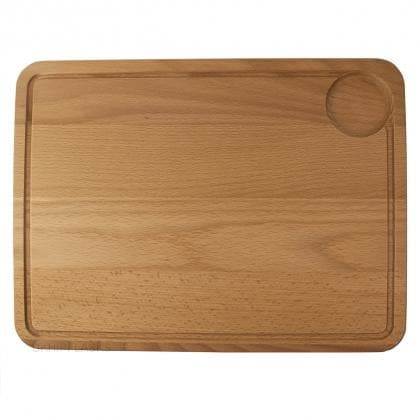 Beech wood cutting board with perimeter juice groove and corner circular well