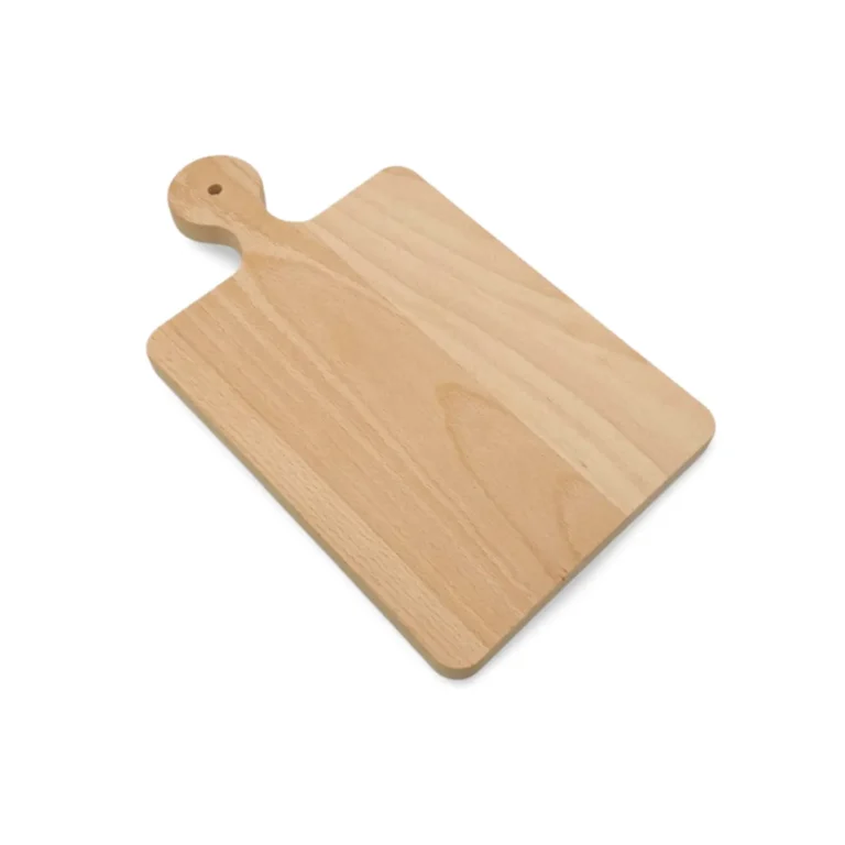 Beech wood cutting board with ergonomic handle, hanging hole, and natural grain